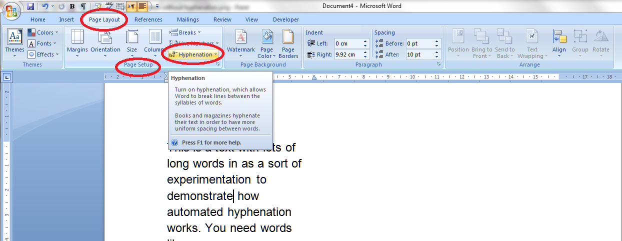 how to auto hyphenation in word 2007